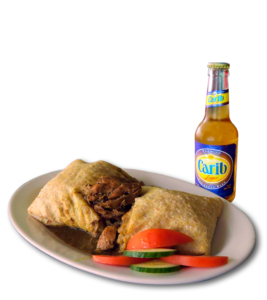Beef Roti and Carib Lager